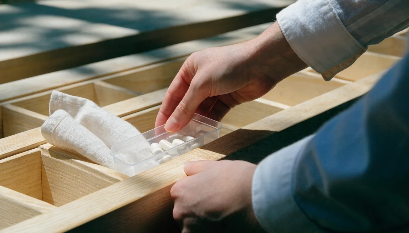 A man's hands lifting the compartment tray from a birch bench, capsules resting in one compartment