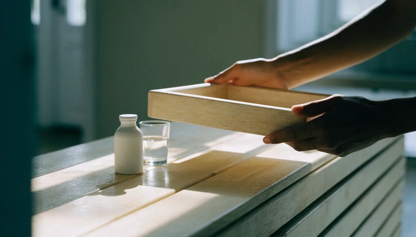 A man lifting a compartment tray with a capsule bottle and glass of water from a pale birch bench in window light