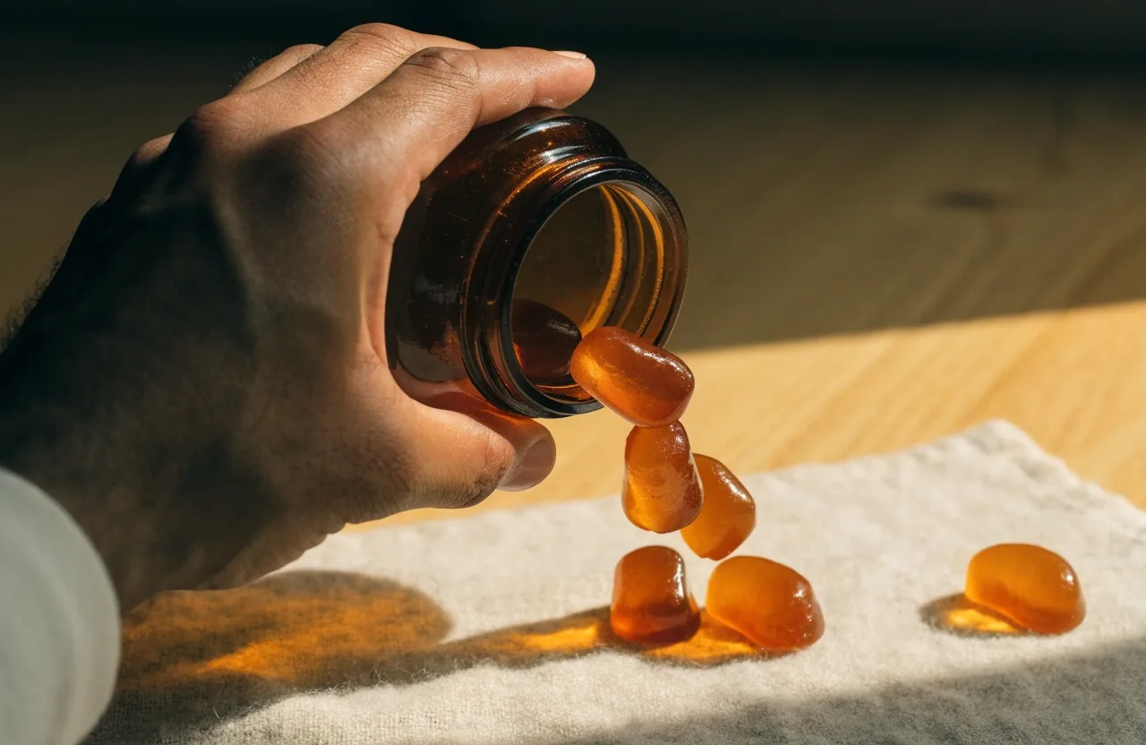 Amber gummy vitamin pieces spilling from a small open jar onto pale wool cloth