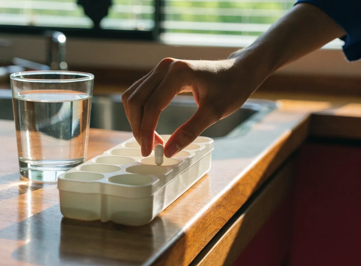 Capsules in the compartments of a pale pill tray under window light