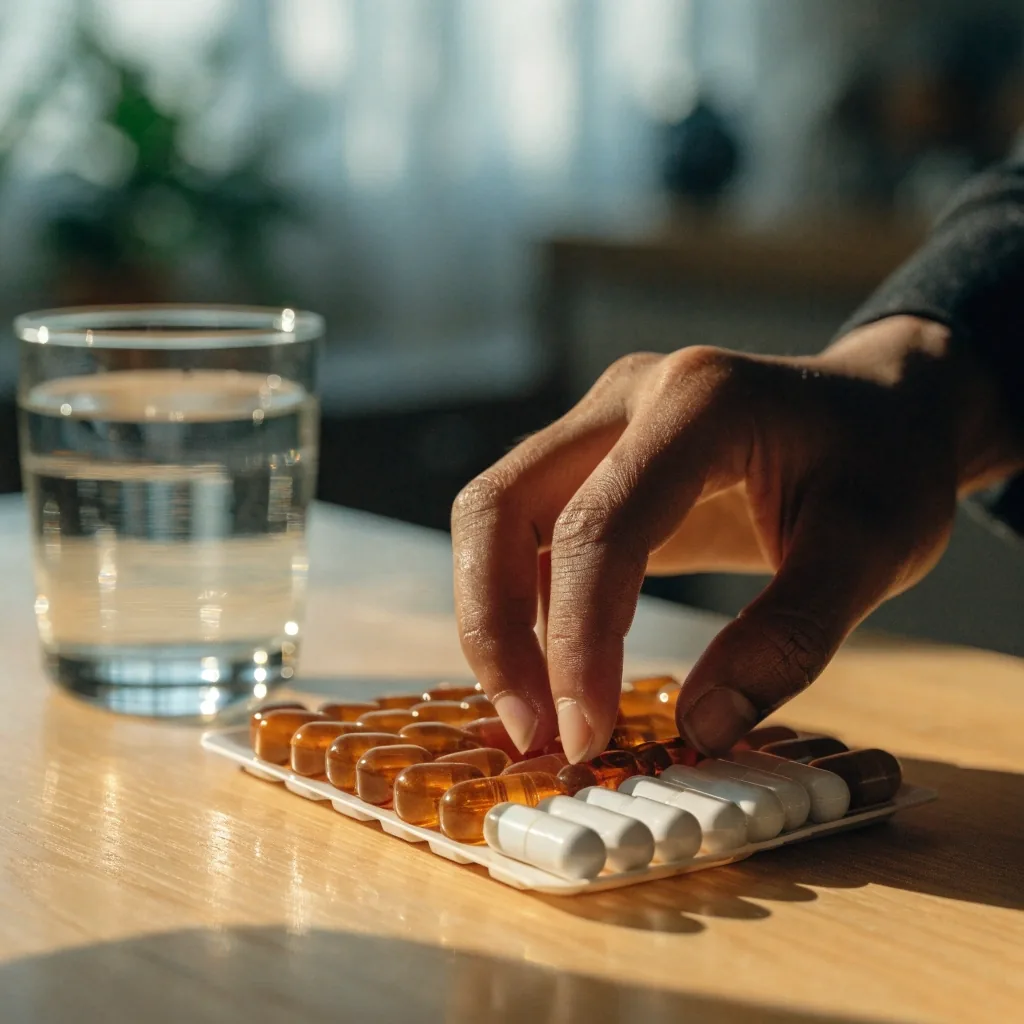 Overhead view of a birch bench with a compartment tray of capsules and a glass of water in daylight
