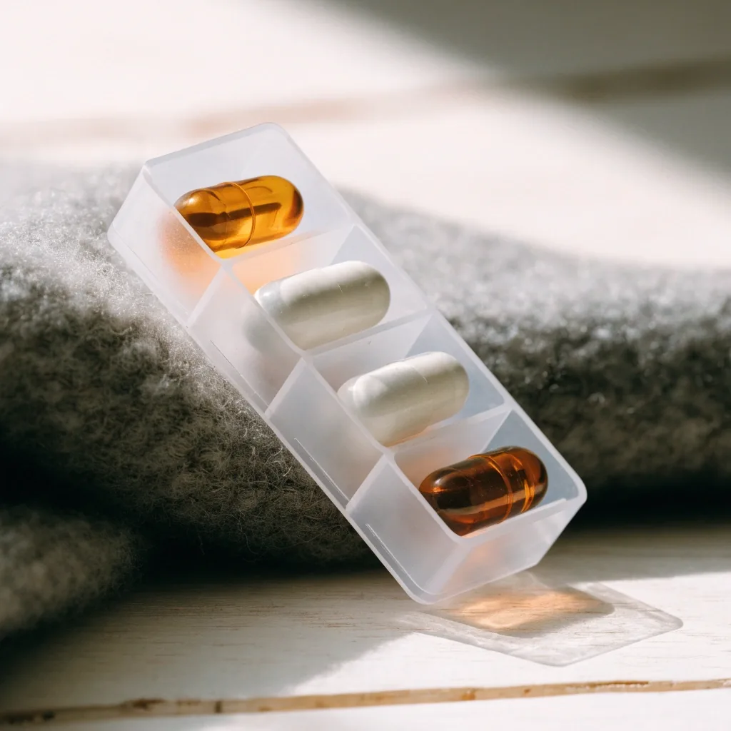 Top-down view of a compartment tray holding capsules on wool cloth